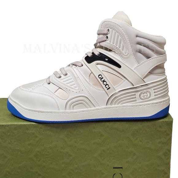 GUCCI MENS SNEAKERS HIGH TOP BASKET GG LOGO LEATHER FABRIC SHOES - Picture 14 of 16